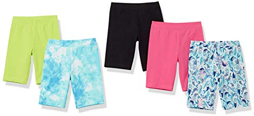Amazon Essentials Pantalón Corto de Ciclismo de Altura Media Niña, Pack de 5, Azul Sirenas/Negro/Rosa/Teñido Anudado/Verde, 9 años