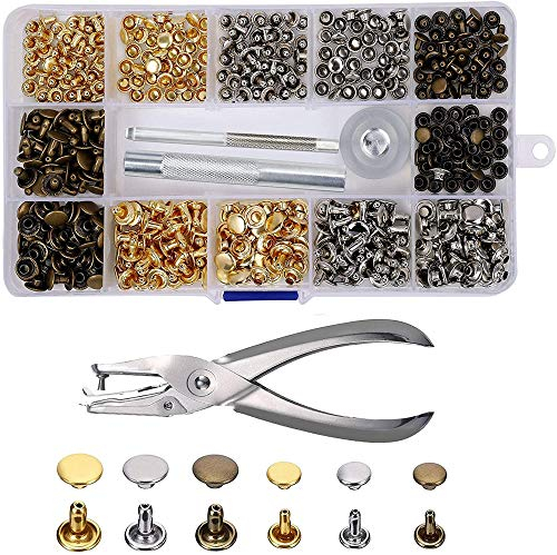Leder Nieten, 240 Sets Doppelkappe Rivet Druckknopf Set mit 2 Größen Tubular Metall Ohrstecker Hohlnieten und 3 Fixierwerkzeug Papier Lochzange Werkzeuge für DIY Handwerk Reperatur Dekoration 3 Farben