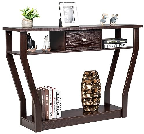 COSTWAY Tavolo Consolle in Legno, Consolle con Cassetto e Ripiani, Tavolo d'Ingresso Multiuso per Salotto, Corridoio e Entrata 120 x 30 x 81 cm (Marrone)