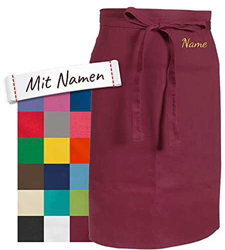 LALALO Vorbinder Schürze mit Name, hochwertig bestickt, Personalisierte Bistroschürze/Kochschürze für Damen und Herren, Malschürze/Schürze zum basteln, kochen, garten oder werken (Bordeaux, 60x80 cm)