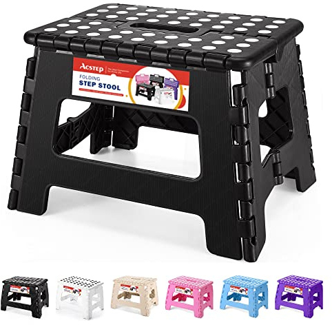 ACSTEP Folding Step Stool 9 Inch, Sturdy Collapsible Kitchen Step Stool Foldable for Kids, Toddlers & Adults, Non Slip Lightweight Foot Stools with Handle, Holds 300 lbs Ideal for Bathroom Bedroom