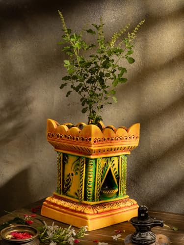 Village Decor Handgefertigter Terrakotta-Ton-Gartenarbeit/Brindavan Tulasi/Tulsi-Topf/Tulsi-Pflanzgefäß für drinnen und draußen, B x H 20,3 x 29,2 cm (mehrfarbig)