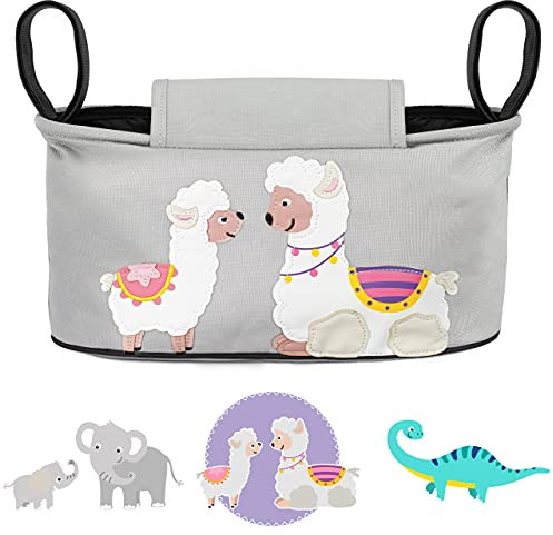 GLÜCKSWOLKE Kinderwagen Organizer - 12 Motive, Kinderwagentasche verschließbar, Kinder Buggy Tasche mit Feuchttücherspender, Baby Zubehör Pram Organiser - Aufbewahrungstasche (Anni Alpaka, grau)