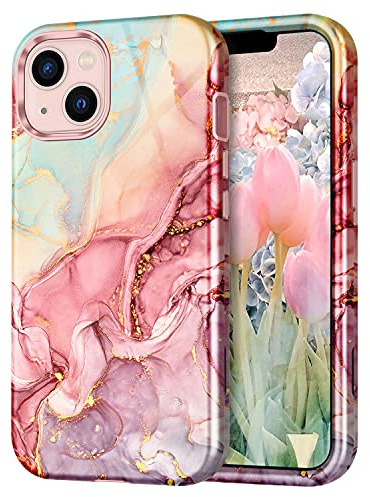 CASEFIV Compatible with iPhone 13 Case, Marble Pattern 3 in 1 Heavy Duty Shockproof Full Body Rugged Hard PC+Soft Silicone Drop Protective Girls Women Cover for iPhone 13 6.1 inch 2021, Rose Gold