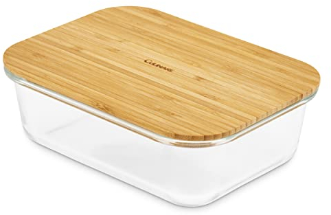 Culinare Naturals C70024 Contenedor de Alimentos con Tapa 1L, Bambú Sostenible/Vidrio, 20cm x 15cm x 6,4cm, Contenedor Hermético y Apilable para la Cocina