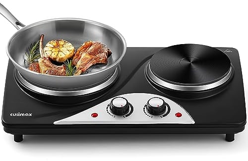 CUSIMAX Electric Hobs, 2500W Electric Hot Plates for Cooking Portable Hob, Cooktop Table Top Hob with 2 Cast Iron Double Hot Plate Electric Burner with Dual Temperature Control, Black Stainless Steel