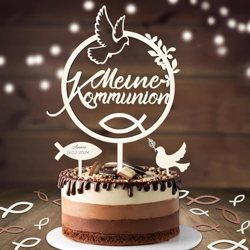 Tortendeko Kommunion, Meine Kommunion Cake Topper Holz & 36 Stück Holz Fische Tischdeko & Taube Fisch Torten Topper, Erstkommunion Deko Mädchen Junge