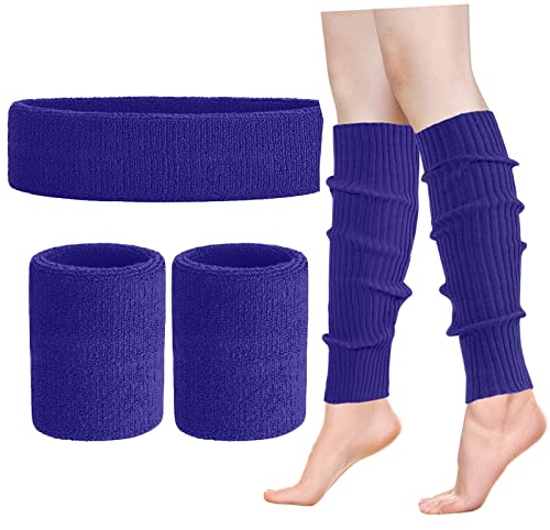 ONUPGO Beinlinge Set Damen 80er Neon Strick Beinlinge Stirnband Armbänder 1980er Jahre Workout Kostüme Zubehör für Frauen (Purple)