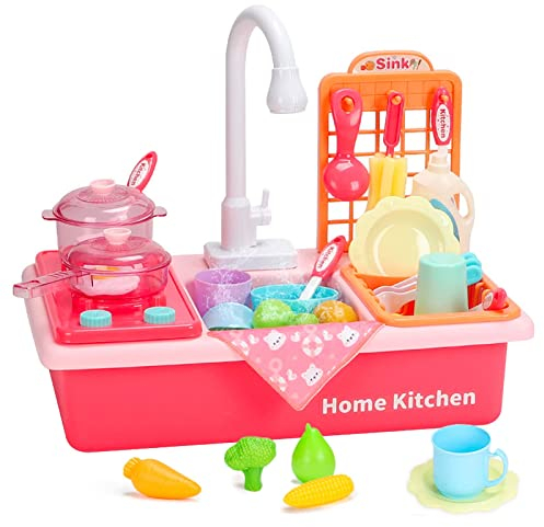 Küchenspüle Spielzeug Set mit Warmwasserhahn Farbwechsel Geschirr| Play Kochherd, Kochgeschirr Topf und Pfanne, Play Food, Farbwechsel Geschirr Zubehör für Kleinkinder