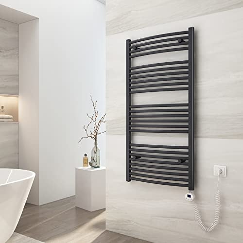 EMKE Handtuchheizkörper Elektrisch 120x60 cm, Gebogen Badheizkörper Elektrisch mit Thermostat, Handtuchtrockner Handtuchwärmer mit Timer Anthrazit 600 Watt