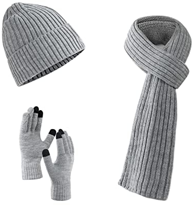 Villand Scarf Beanie Golves Set für Damen und Herren mit Geschenkbox (Hellgrau)