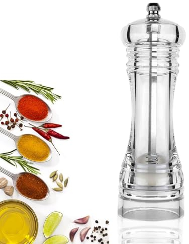 Transparent Gewürz-Mühle, Pfeffermühle aus Acryl, Pfeffermühle Salzmühle Manuellen mit Einstellbarem Keramikmahlwerk, für Gewürze Pfeffer Salz und Chili