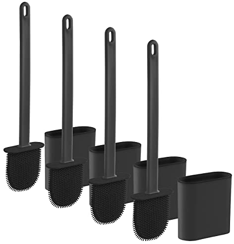 BadeStern Badgarnitur Klobürste: 4er-Set WC-Silikonbürsten mit atmungsaktivem Bürstenhalter, schwarz (Toilettenbürste Silikon flach, Klobürste Silikon Wand, Wandhalterung)