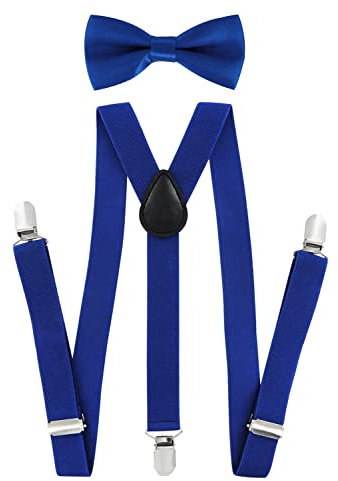 axy Kinder Jungen Hosenträger-Y Form 2,5cm breit mit Fliege - 3 Stabile Clips für Kinder 7-12 Jahre alt (Blau)
