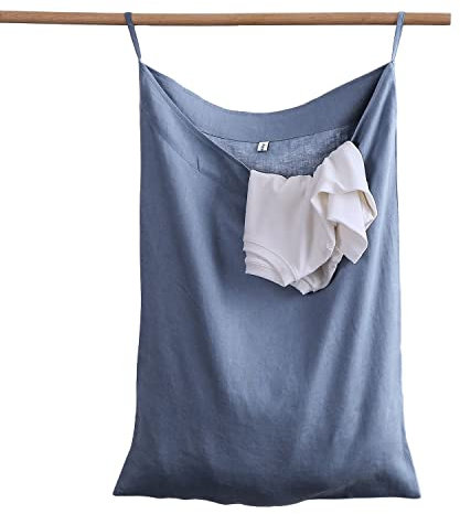 Amazhiyu Hänge Wäschesack 100% Leinen, Platzsparend Wäschebeutel, Tür Hängend Wäschesammler, Hängende Wäschekorb Tasche für Badezimmer, Schlafzimmer, Kinderzimmer, 70x50cm, Dunkelblau