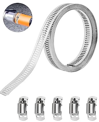 Furuising 2m/6.5ft Abrazaderas Metalicas para Tubos, Ajustable Abrazaderas Metalicas, Abrazaderas de Acero Inoxidable Set con 5 Cierres, para Tuberías de Agua, Gas, DIY