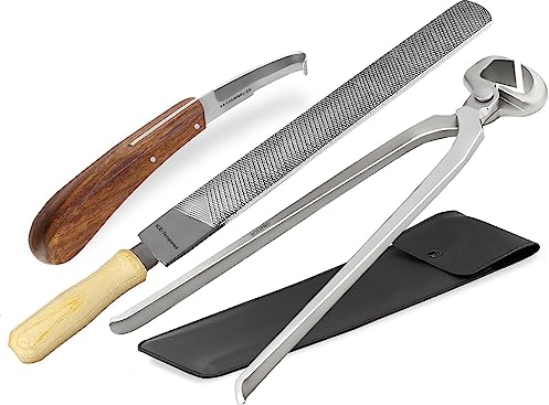 Profi Hufschmied Werkzeug Set 3-Teilig Hufmesser Hufzange Doppelseitige Hufraspel für Pferde Rinder Hufpflege Huf Trimm Werkzeug Satz Pferdehufpflege Spezialstahl Rostfrei