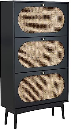 BAÏTA Schuhschrank, Anatole, Schwarz und Rattangeflecht, 80 cm