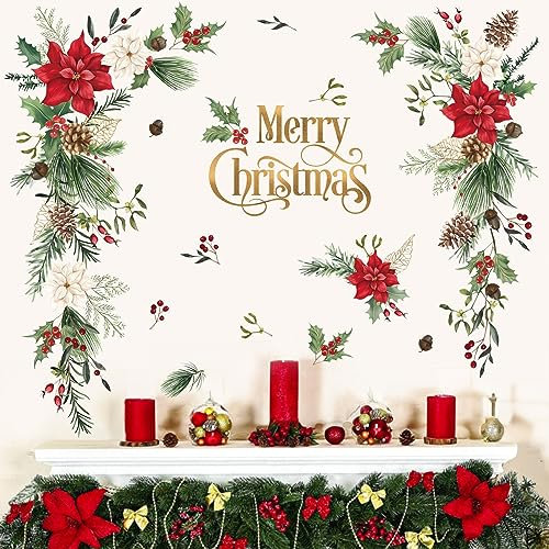 wondever Adesivi Murali Fiore di Natale Sticker da Muro Foglie di Natale Vetrofanie Natale Adesivi da Parete per Finestra Vetrina Festa Decorazione Natalizia