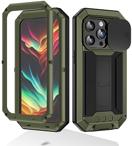 MIYIYQP Compatible for iPhone 15 Pro Max 5G Case, Aluminum Metal Gorilla Glass Shockproof Military Heavy Duty Sturdy Protector Cover,with Sliding Camera Cover and Built-in Foldable Kickstand(Green-Ⅱ)
