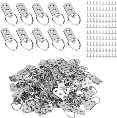 MANCHAP 100 Pack D Ring Picture Frame Hangers, 55 x 22mm Double Holes D Ring Hanging with Screws, Picture Hooks for Painting, Photos, Artwork