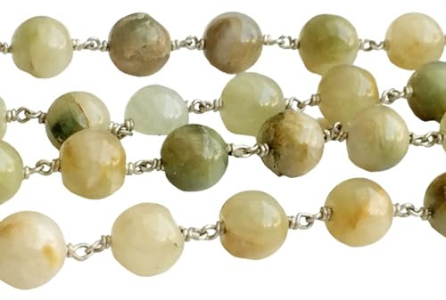 7-8 mm verde gatos ojo alambre envuelto cuentas redondas lisas, gatos ojo cadena por el pie, cadena de cuentas estilo rosario, cadena de plata 925