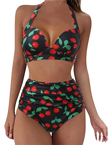 High Waisted Bikini Set Orange, 2 Piece Swimming Costume for Women, Floral Print Bikini Set Halter Hollow Out Back Hook Push up Bikini Top UK Stock Sale Holiday Essentials for Women