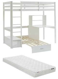 Vente-unique-Hochbett mit Schreibtisch, Schlafsofa & Stauraum + Matratze - 90 x 200 cm - massives Kiefernholz - Weiß - Goliath III