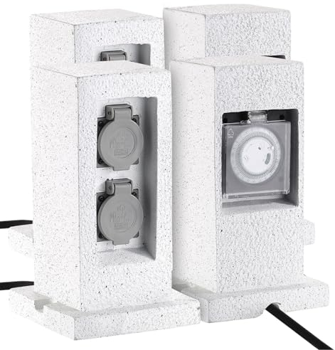 Royal Gardineer Outdoorsteckdosen: 4er-Set 2fach-Garten-Steckdose in Stein-Optik, mit Zeitschaltuhr, IP44 (Steinsteckdose, Steckdosen aussen Steinoptik, Weihnachtsbeleuchtung)