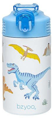 bzyoo Bouteille d'eau en acier inoxydable pour enfants de 450 ml – Étanche et facile à ouvrir ! Blanc avec de jolis motifs de dinosaures. Dispose d'une poignée et d'un verrou sécurisé. Comprend une