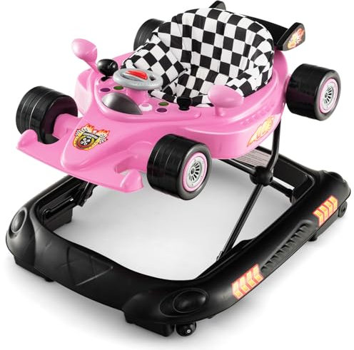 DREAMADE Trotteur Pliable Bébé avec 3 Hauteur Réglable Trotteur Marche Garçon Fille 7-14 Mois avec Plateau Musical&Siège Amovible,Chariot de marche Charge 12 KG (Rose)