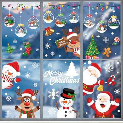 Xyxu Christmas Window Stickers - 10 Sheets with Red Santa Claus & Snowflake Decor, Reusable for Indoor Holiday Scene