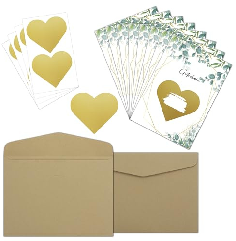 8 Stück beschriftbare Gutscheine mit 8 Umschläge, 8 Herzform Rubbelaufkleber, Rubbelkarte zum beschriften, Zeit statt Zeug für Geburtstagskarte Kinogutschein Geburtstagsgeschenk Reisegutschein