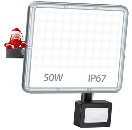 YIQIBRO 50W Foco LED con Sensor de Movimiento 1 Piezas - 5000LM Focos LED Exterior con Sensor de Movimiento IP67 Impermeable 7000K Blanco Frio para Jardin/Patio/Terraza