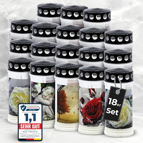 18er Set EMILAS GRABKERZEN 4 Tage Brenndauer – Trauerkerzen für ein stilvolles Grabdeko – Grabschmuck mit 4 Motiven – Grablichter mit Deckel – Friedhofskerze für Ruhestätten