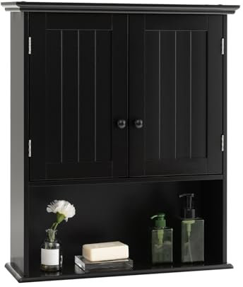 GOPLUS Hängeschrank Bad, Badschrank Holz mit verstellbarem Regal, Wandschrank hängend, Badezimmerschrank Küchenschrank, 60×19×71cm (Schwarz)