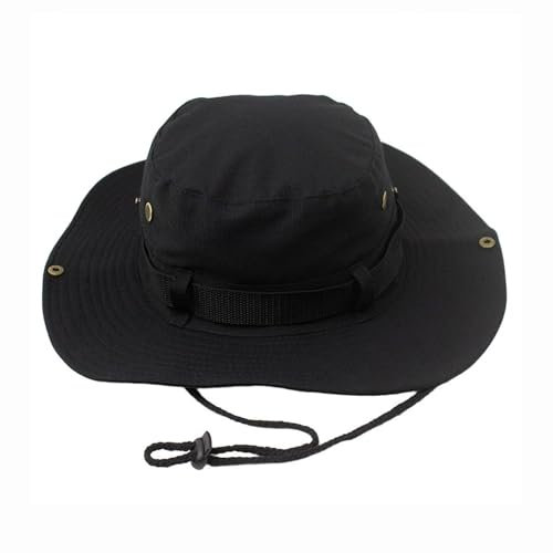 ATSNOSH Sombrero de Pescador, Sombrero de Sol para Hombre Mujer, Sombrero de Acampada con Correa Ajustable, Gorro Safari, Gorra de Sol de Jungla, Protección UV (FR/ES, Letras, Talla única, Negro)