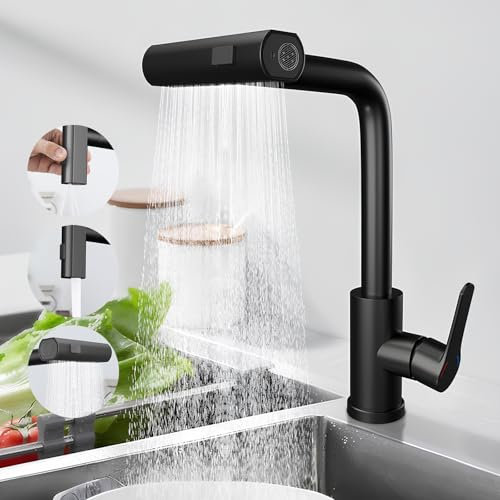 Mursche Wasserhahn Küche Küchenarmatur Schwarz - Waterfall Spültischarmatur Ausziehbar mit Brause Mischbatterie Spüle 360° Drehbar Armatur Edelstahl mit 3 Strahlarten Küchenwasserhahn