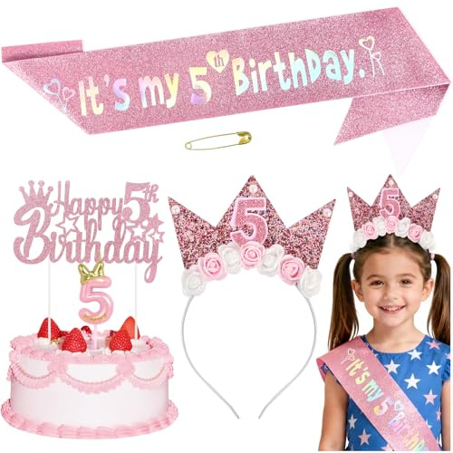 Birthday Party Decorations Set for Girls, Pink Birthday Headband Set with Glitter Sash, Cake Topper and Candle, Flower Crown for Princess Party Decorations Happy Birthdays Accessory (5TH)