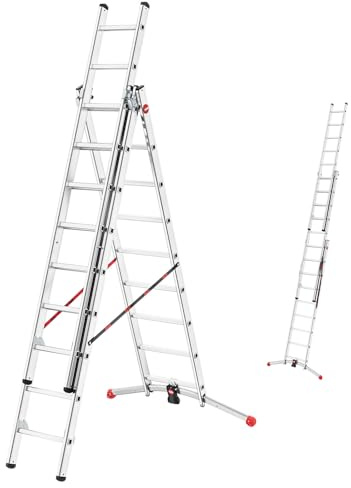 Hailo S95 HobbyLOT Mehrzweckleiter 3x9 Sprossen Arbeitshöhe 598 cm 150 kg | gleicht Unebenheiten bis 10 cm aus, Einstellung per Fußpedal, platzsparend klappbar für Innen- und Außenbereich