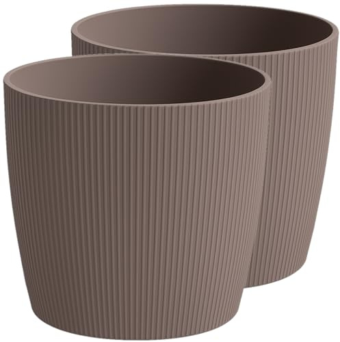 Home Garden Ornaments Modern Striped Plastic Plant Pots Indoor/Outdoor, 2 Pack, Taupe, 18cm