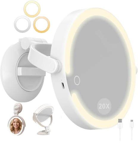 SURFOU Specchio Trucco Ingranditore 1/20X con Luce LED a 3 Colori - Ventosa Forte e Orientabile 360° - Luminosità Regolabile e Ricaricabile - per Maquillaggio Dettagliato, Bagno, Casa e Viaggio