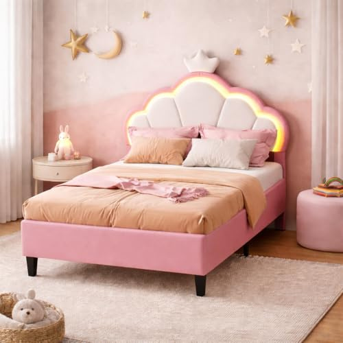 Hauptrolle Kinderbett Polsterbett 90x200 cm mit LED und Höhenverstellung, Prinzessin Bett mit Kronen-Kopfteil in Rosa Samt für Mädchen, Einzelbett mit Lattenrost, ohne Matratze