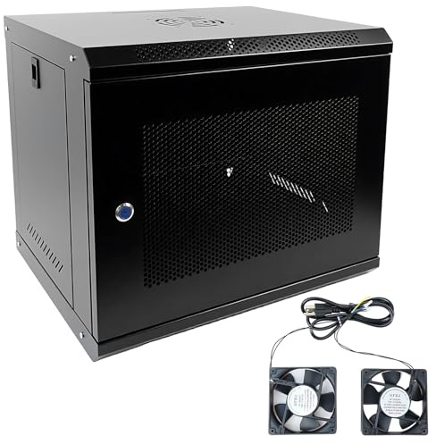 WUDLEP 9U Data Server Rack, Wall Mount Server Cabinet with Lockable Mesh Door and 2 AC Fans, 53x40x45cm Standard Rack for Home, Office, Computer, Audio,Black