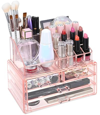 Ikee Design Acrylic Pink Jewelry & Cosmetic Storage Display Boxes Two Pieces Set.