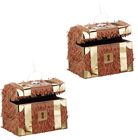 Relaxdays 2er Set Pinata Schatzkiste, zum Aufhängen, Kinder, Mädchen, Jungs, Geburtstag, Befüllen, HxBxT: 27 x 30 x 23 cm, braun
