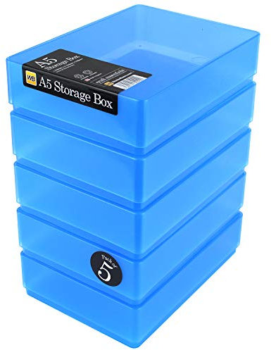 WestonBoxes A5 Plastic Craft Storage Boxes with Lids for Art Supplies, Paper and Card - 1.8 Litre Volume (Blue, Pack of 5)