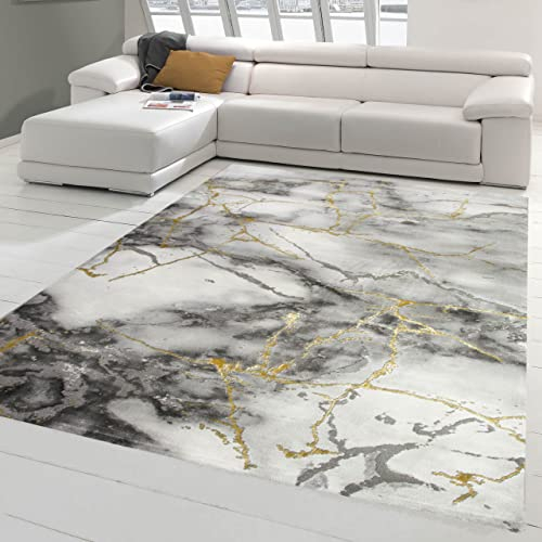 Merinos Teppich Wohnzimmer Design Teppich Marmor Optik mit Glanzfasern in Grau Gold Größe 200 x 290 cm