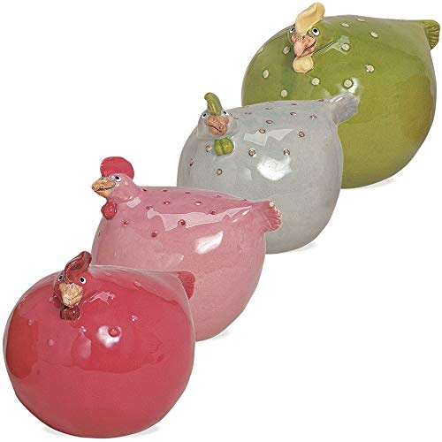 matches21 Huhn Hühner Hahn Henne Dekofiguren Dekoration Ostern Frühling Keramik rot rosa grau grün 4er Set 12 cm