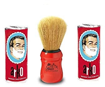 The Shave Factory 2 x Arko Rasierseife Stick und Omega Rasierpinsel mit natürlichen Wildschweinborsten rot